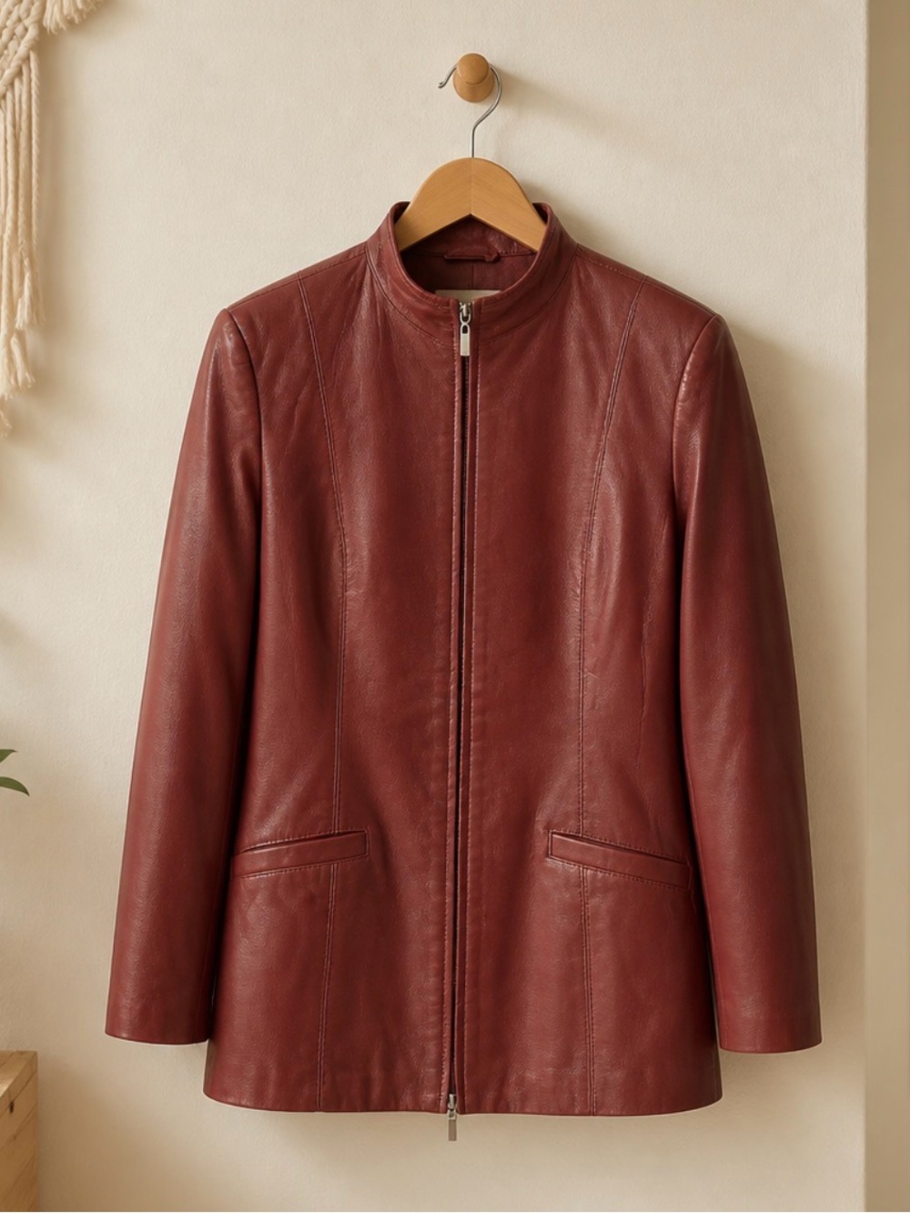 Women's Burgundy Italian Leather Zip-Front Jacket
